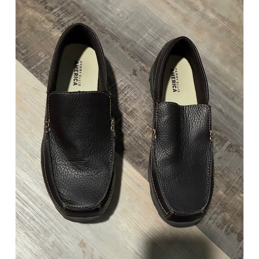Perry Ellis America Kids Brown Leather Slip On Loafer Shoes Size 5